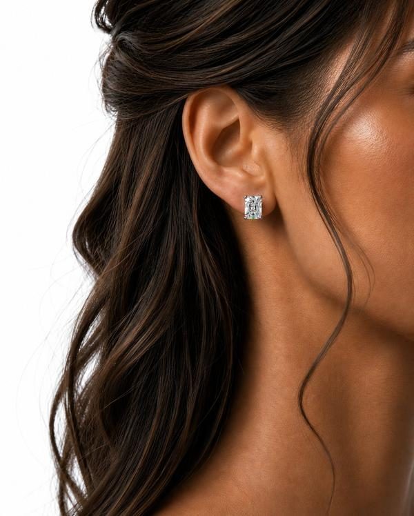Radiant cut diamond stud, prong set, worn on the ear