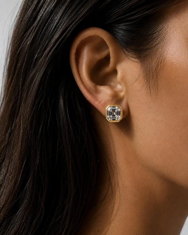 Asscher cut diamond bezel stud in yellow gold, worn on the ear