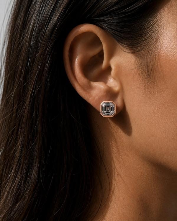 Asscher cut diamond bezel stud in rose gold, worn on the ear
