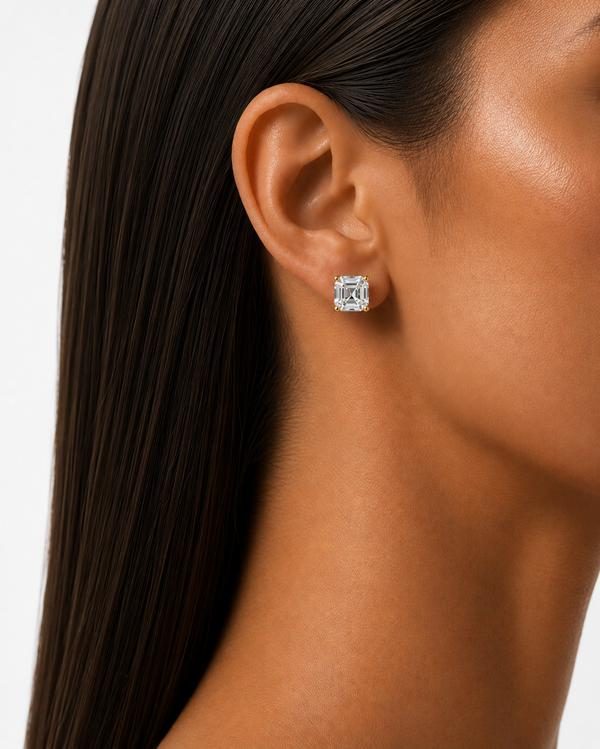 Asscher cut diamond stud, prong set, worn on the ear